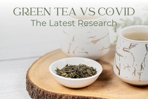 Assortment of loose green teas, teapot, cups on table with text "Green Tea VS COVID: The Latest Research" by Full Leaf Tea Co.