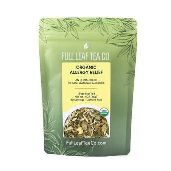 A 2oz bag of Full Leaf Tea Company Organic Allergy Relief Loose Leaf Tea.