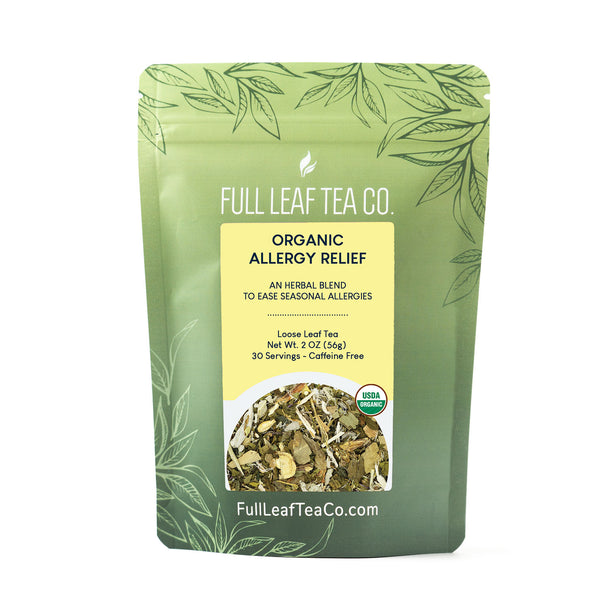 A 2oz bag of Full Leaf Tea Company Organic Allergy Relief Loose Leaf Tea.