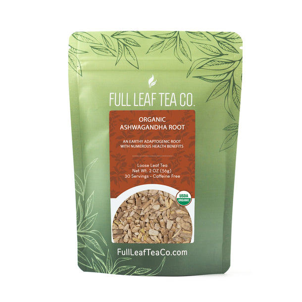 A 2oz bag of Full Leaf Tea Company Organic Ashwagandha Root Loose Leaf Tea.