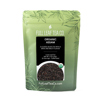 A 2oz bag of Full Leaf Tea Company Organic Assam Loose Leaf Tea.