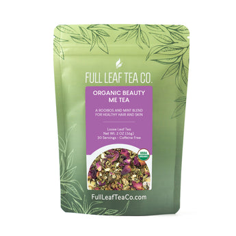A 2oz bag of Full Leaf Tea Company Organic Beauty Me Loose Leaf Tea.