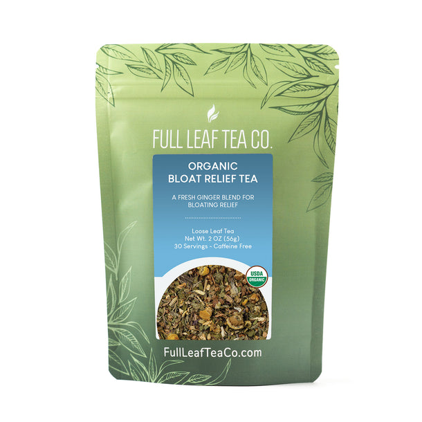 A 2oz bag of Full Leaf Tea Company Organic Bloat Relief Loose Leaf Tea.