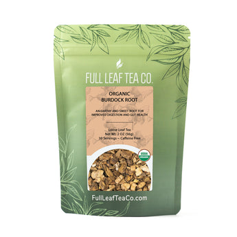 A 2oz bag of Full Leaf Tea Company Organic Burdock Root Loose Leaf Tea.