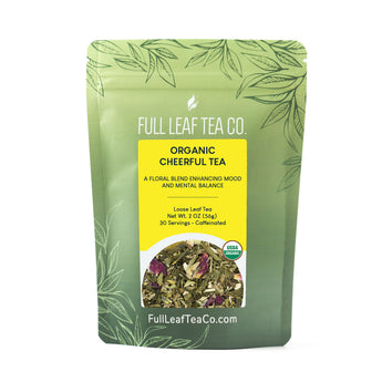 A 2oz bag of Full Leaf Tea Company Organic Cheerful Loose Leaf Tea.