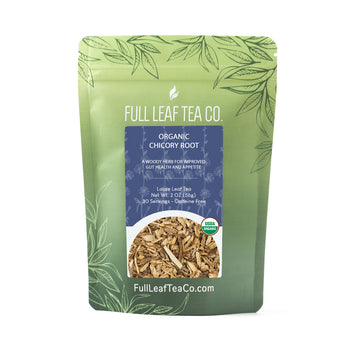 A 2oz bag of Full Leaf Tea Company Organic Chicory Root Loose Leaf Tea.