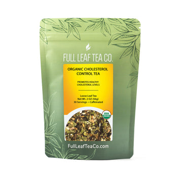 A 2oz bag of Full Leaf Tea Company Organic Cholesterol Control Loose Leaf Tea.