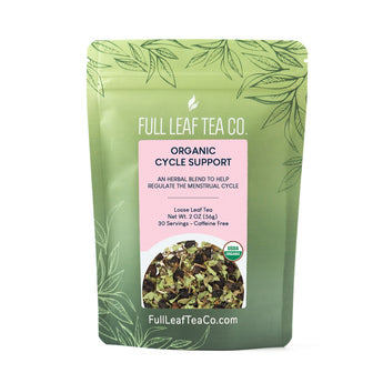 A 2oz bag of Full Leaf Tea Company Organic Cycle Support Loose Leaf Tea.