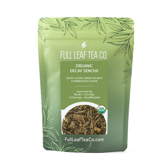 A 1oz bag of Full Leaf Tea Company Organic Decaf Sencha Loose Leaf Tea.
