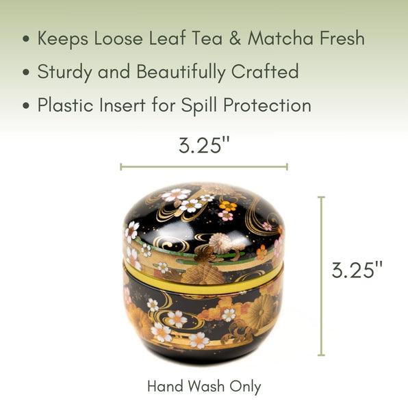 An Infographic description for the Dark Floral Decorative Japanese Matcha Tin.