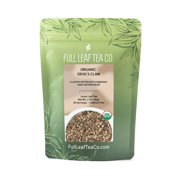 A 2oz bag of Full Leaf Tea Company Organic Devil's Claw Loose Leaf Tea.