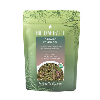 A 2oz bag of Full Leaf Tea Company Organic Echinacea Loose Leaf Tea.