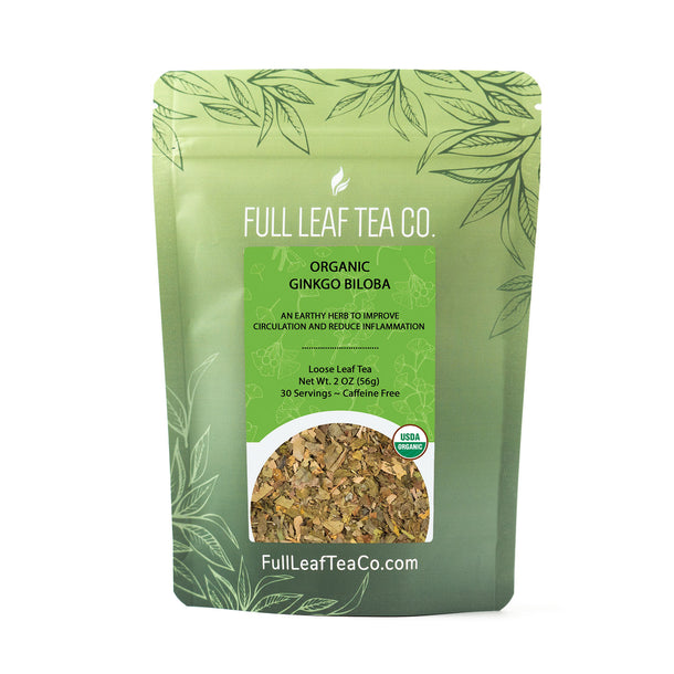 A 2oz bag of Full Leaf Tea Company Organic Ginkgo Biloba Loose Leaf Tea.