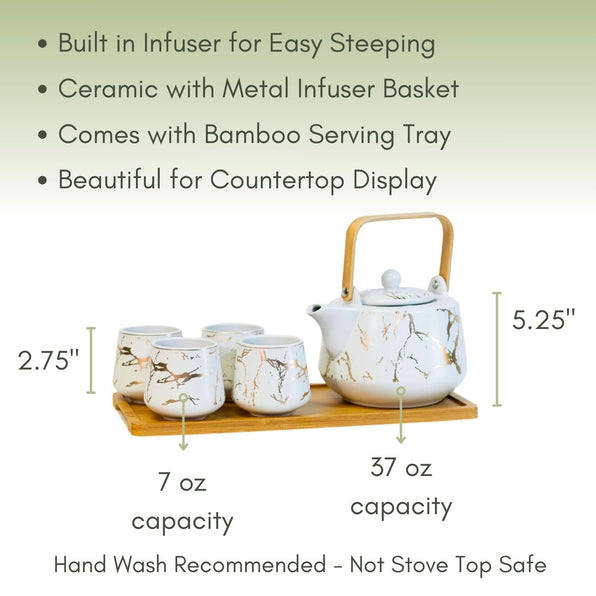 An Infographic description for the Ceramic Gold Marbled Tea Set.