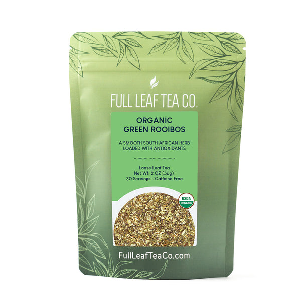A 2oz bag of Full Leaf Tea Company Organic Green Rooibos Loose Leaf Tea.