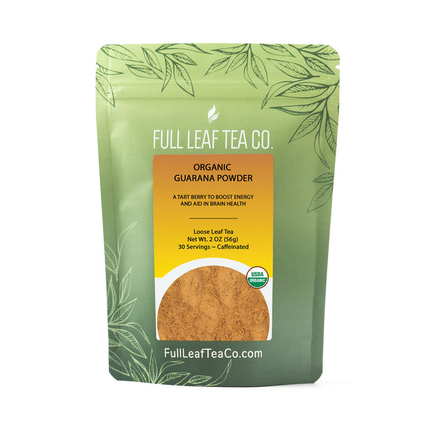 A 2oz bag of Full Leaf Tea Company Organic Guarana Powder Loose Leaf Tea.