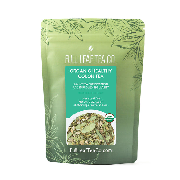 A 2oz bag of Full Leaf Tea Company Organic Healthy Colon Loose Leaf Tea.