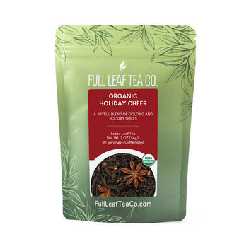 A 2oz bag of Full Leaf Tea Company Organic Holiday Cheer Loose Leaf Tea.