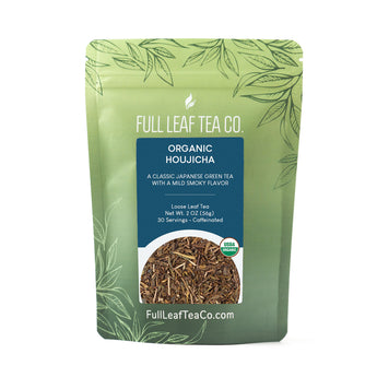 A 2oz bag of Full Leaf Tea Company Organic Houjicha Loose Leaf Tea.
