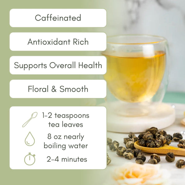 An Infographic description for Organic Jasmine Pearls Tea.