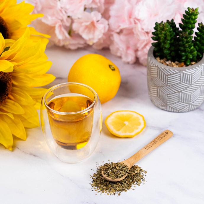 Tea cup with lemon, sunflower, andlemon verbena herbs on a white surface