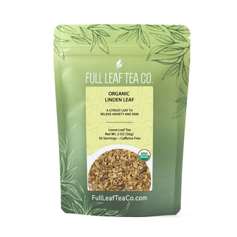 A 2oz bag of Full Leaf Tea Company Organic Linden Leaf Loose Leaf Tea.