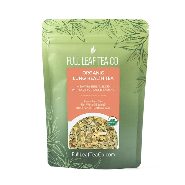 A 2oz bag of Full Leaf Tea Company Organic Lung Health Loose Leaf Tea.