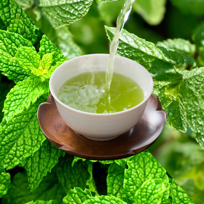 White cup of freshly brewed Organic Mint Bliss being poured, set on a wooden saucer with fresh mint leaves in the background.