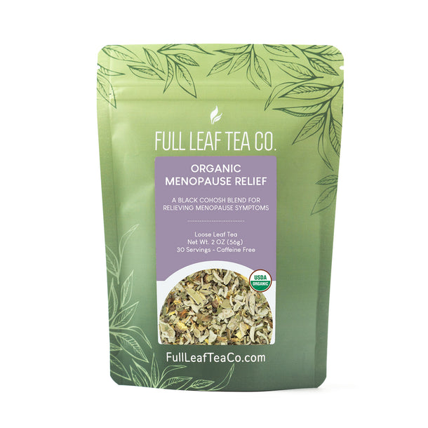 A 2oz bag of Full Leaf Tea Company Organic Menopause Relief Loose Leaf Tea.