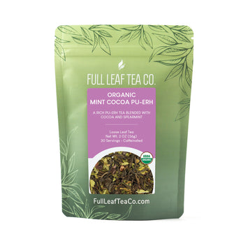 A 2oz bag of Full Leaf Tea Company Organic Mint Cocoa Pu-Erh Loose Leaf Tea.