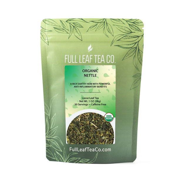 A 2oz bag of Full Leaf Tea Company Organic Nettle Loose Leaf Tea.