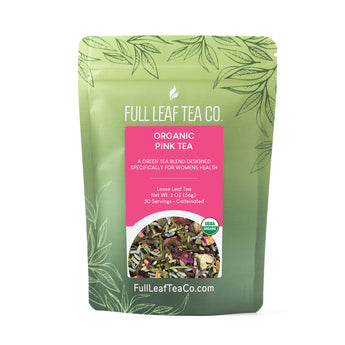 A 2oz bag of Full Leaf Tea Company Organic Pink Loose Leaf Tea.