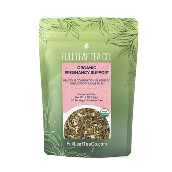 A 2oz bag of Full Leaf Tea Company Organic Pregnancy Support Loose Leaf Tea.