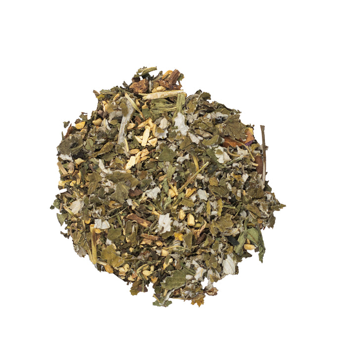 Heap of green herbal tea leaves on a white background