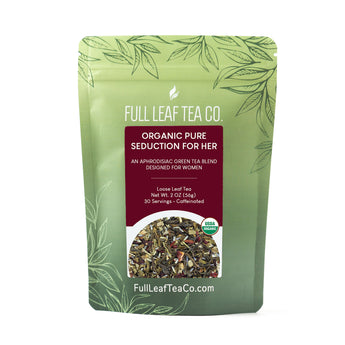 A 2oz bag of Full Leaf Tea Company Organic Pure Seduction For Her Loose Leaf Tea.