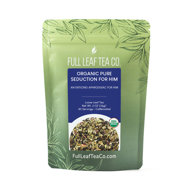 A 2oz bag of Full Leaf Tea Company Organic Pure Seduction For Him Loose Leaf Tea.