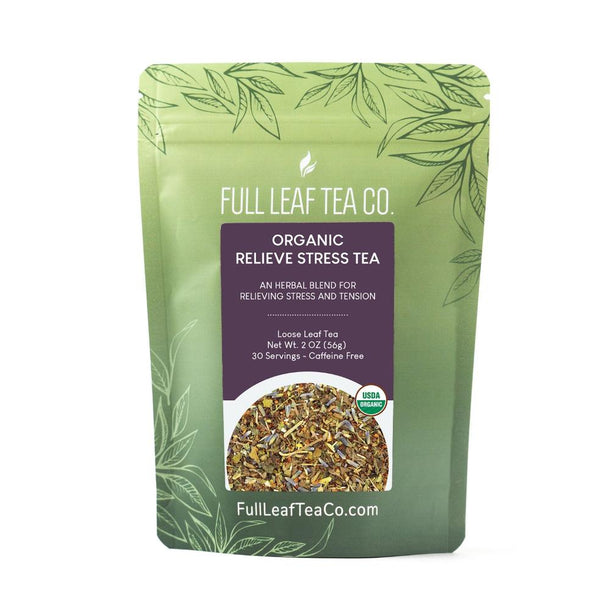 A 2oz bag of Full Leaf Tea Company Organic Relieve Stress Loose Leaf Tea.