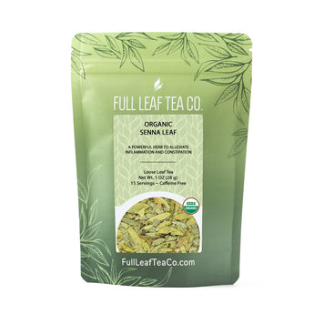 A 1oz bag of Full Leaf Tea Company Organic Senna Leaf Loose Leaf Tea.