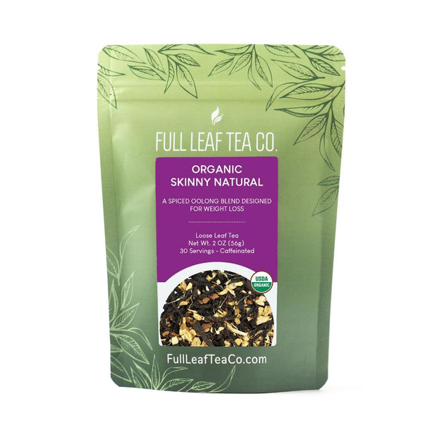 A 2oz bag of Full Leaf Tea Company Organic Skinny Natural Loose Leaf Tea.
