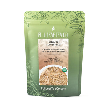 A 2oz bag of Full Leaf Tea Company Organic Slippery Elm Loose Leaf Tea.