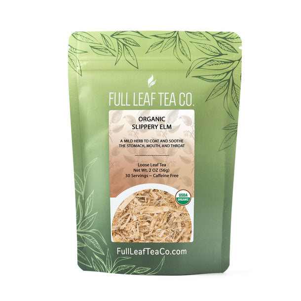 A 2oz bag of Full Leaf Tea Company Organic Slippery Elm Loose Leaf Tea.