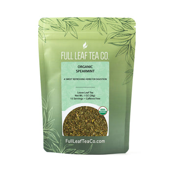 A 2oz bag of Full Leaf Tea Company Organic Spearmint Loose Leaf Tea.