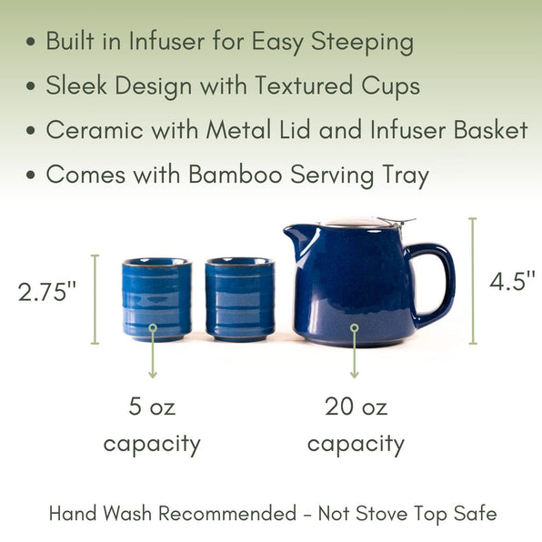 An Infographic description for the Tea for Two - Navy Blue Gloss tea set.