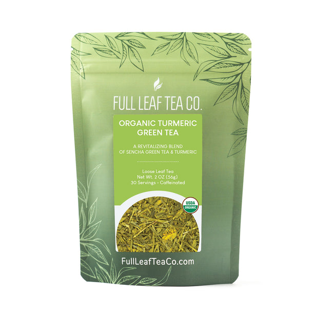 A 2oz bag of Full Leaf Tea Company Organic Turmeric Green Loose Leaf Tea.