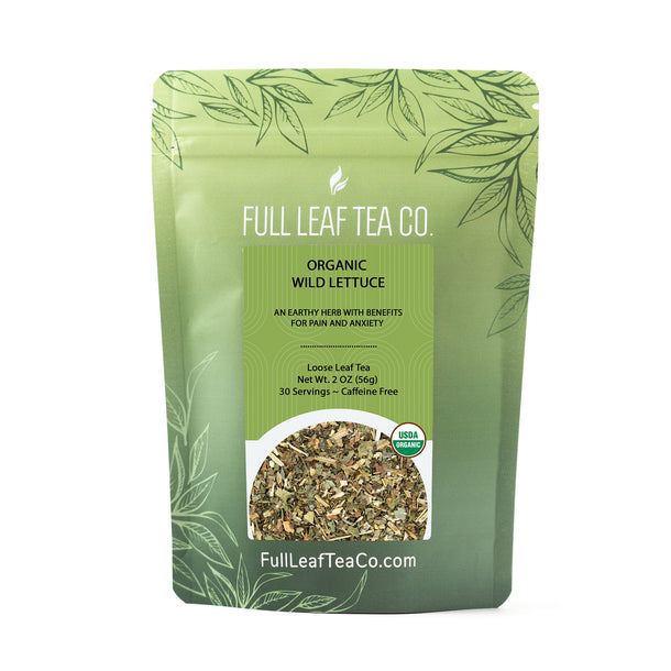 A 2oz bag of Full Leaf Tea Company Organic Wild Lettuce Loose Leaf Tea.