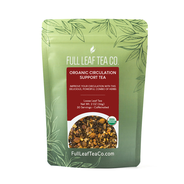 A 2oz bag of Full Leaf Tea Company Organic Circulation Support Loose Leaf Tea.