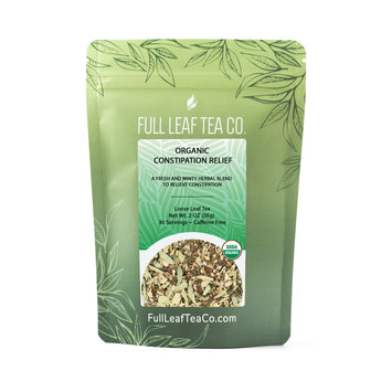 A 2oz bag of Full Leaf Tea Company Organic Constipation Relief Loose Leaf Tea.