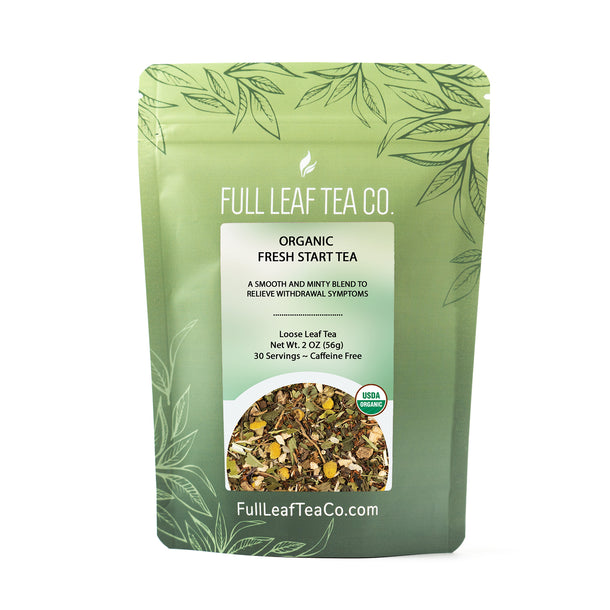 A 2oz bag of Full Leaf Tea Company Organic Fresh Start Loose Leaf Tea.