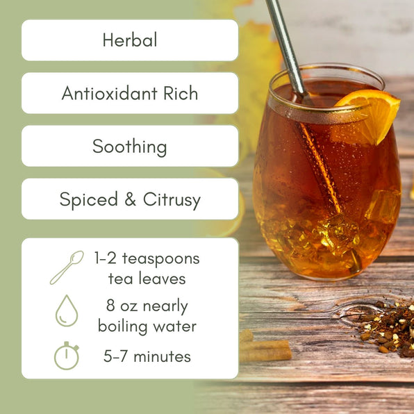 An Infographic description for Organic Herbal Orange Cinnamon Spice Tea.