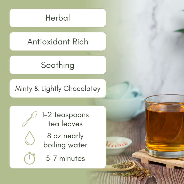 An Infographic description for Organic Herbal Mint Cocoa Tea.